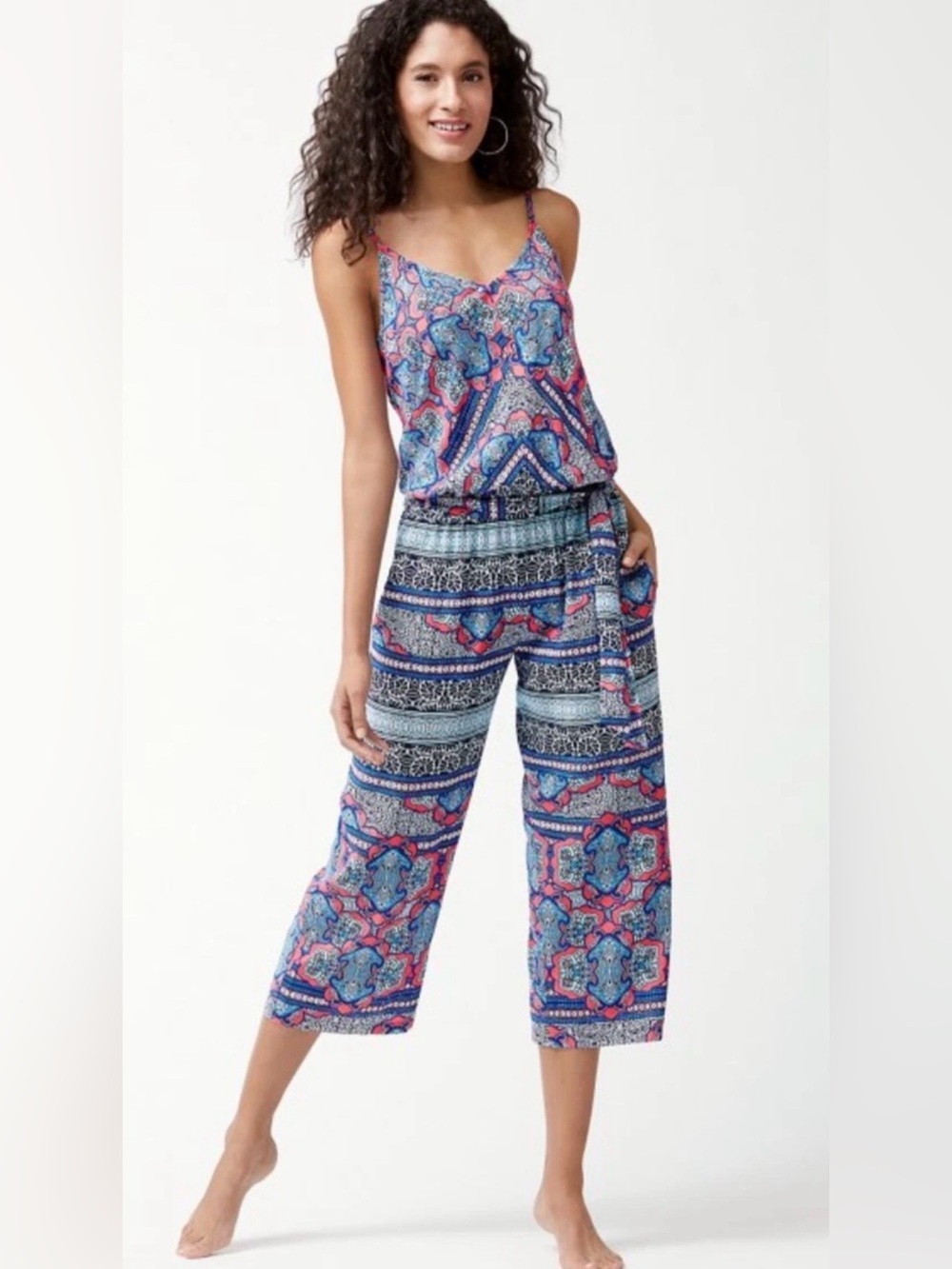 Tommy Bahama Riviera Tiles Crop Wide Leg Jumpsuit Cover-Up Boho Print Sz Medium